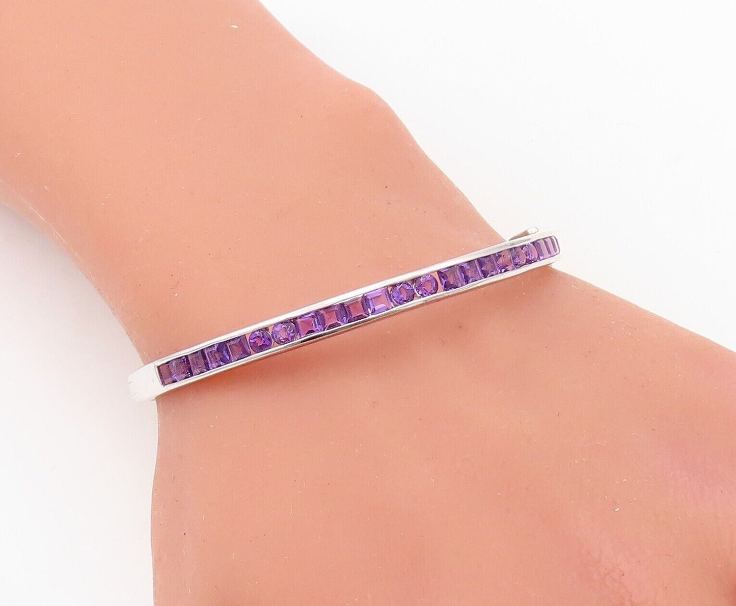 925 Sterling Silver Vintage Bracelet Square & Round Amethyst Bangle  BT10733