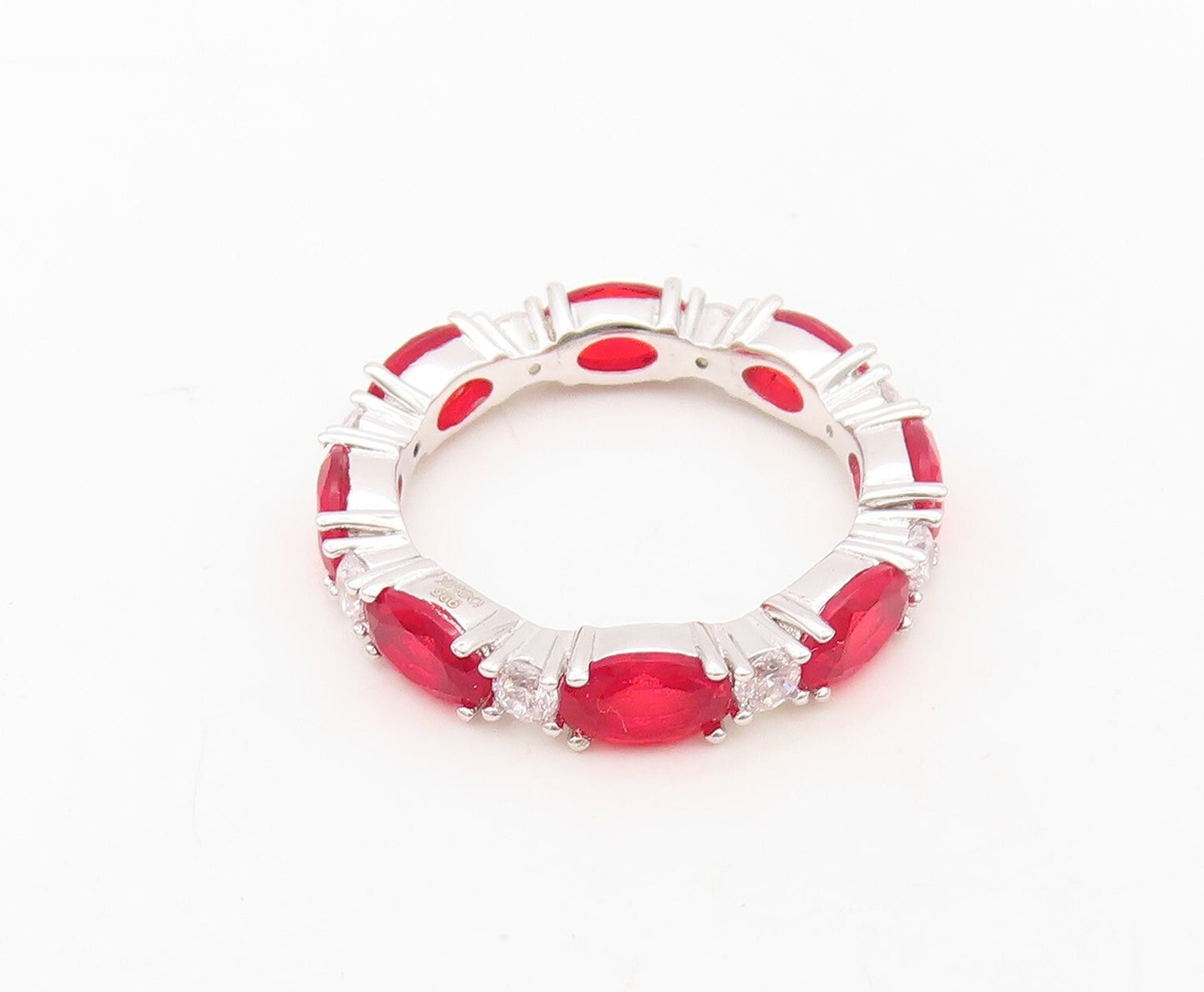925 Sterling Silver Vintage Ring Oval Red & Round White CZ Band  Sz 7  RG30260
