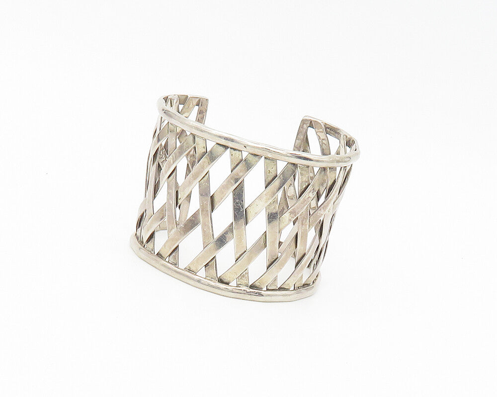 MEXICO 925 Sterling Silver  Vintage Shiny Open Weaved Cuff Bracelet  BT7137