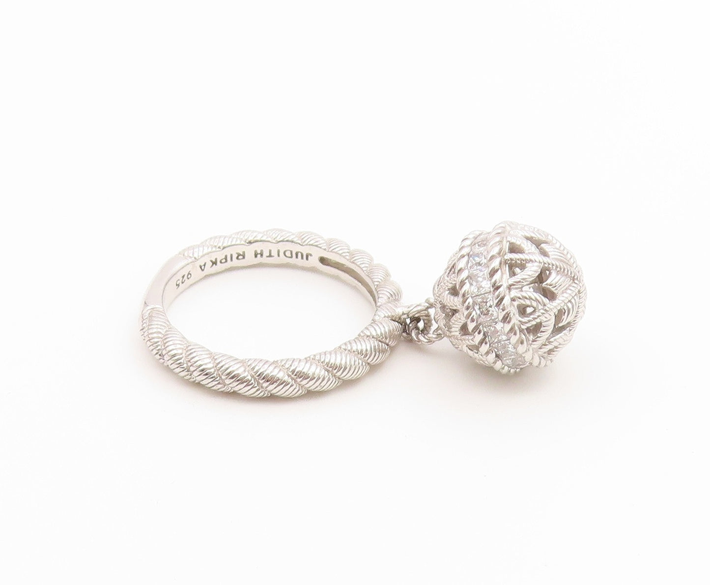 925 Sterling Silver Vintage Ring JUDITH RIPKA CZ Dangle Ball  Sz 7  RG36937