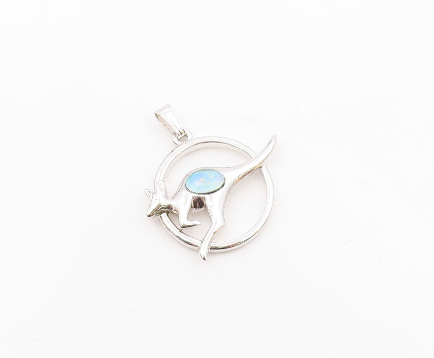 925 Sterling Silver Vintage Fire Opal Kangaroo Jumping Circle Pendant PT21151
