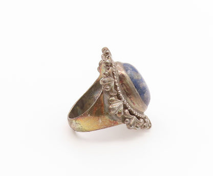 925 Sterling Silver Vintage Ring Cabochon Lapis Lazuli Flower  Sz 8  RG36886