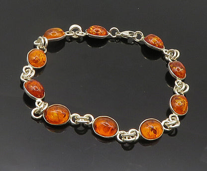 925 Sterling Silver  Vintage Cabochon Cut Amber Shiny Chain Bracelet  BT7690