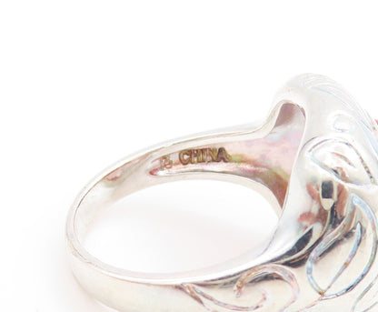 925 Sterling Silver Vintage Ring Carnelian Etched Floral Leaf Band Sz 7 RG33696