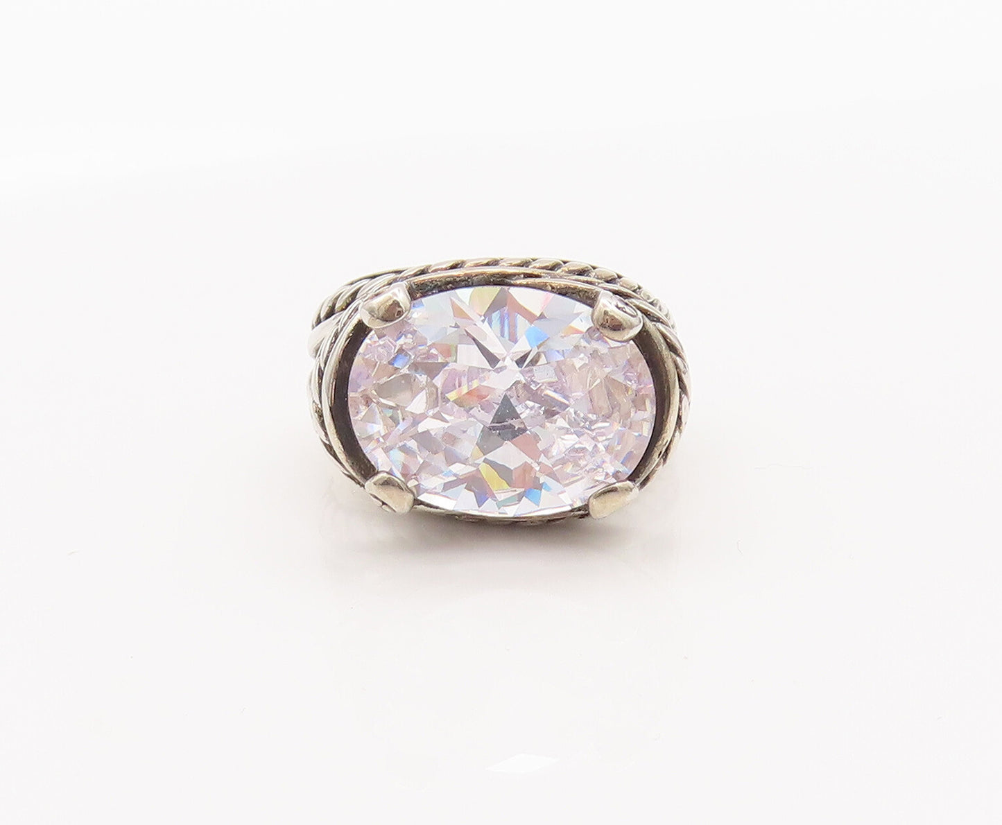925 Sterling Silver Vintage Ring CZ Twisted Rope Carved Split Neck Sz 6  RG27747
