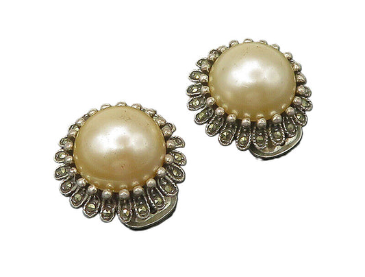 925 Silver   Vintage Mother Of Pearl & Marcasite Non Pierce Earrings  EG10989