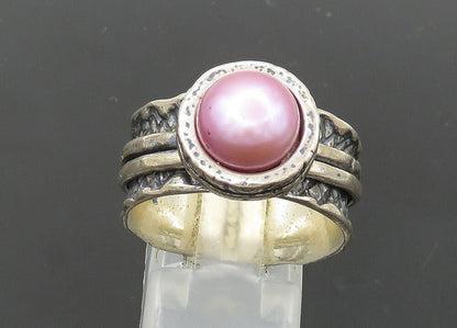 SHABLOOL ISRAEL 925 Silver  Vintage Pink Pearl Oxidized Band Ring Sz 9 RG21311