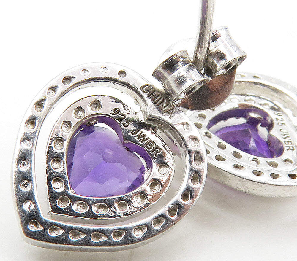 925 Sterling Silver  Genuine Diamonds & Amethyst Heart Drop Earrings  EG8432