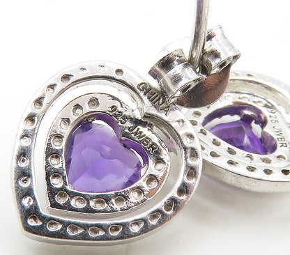 925 Sterling Silver  Genuine Diamonds & Amethyst Heart Drop Earrings  EG8432