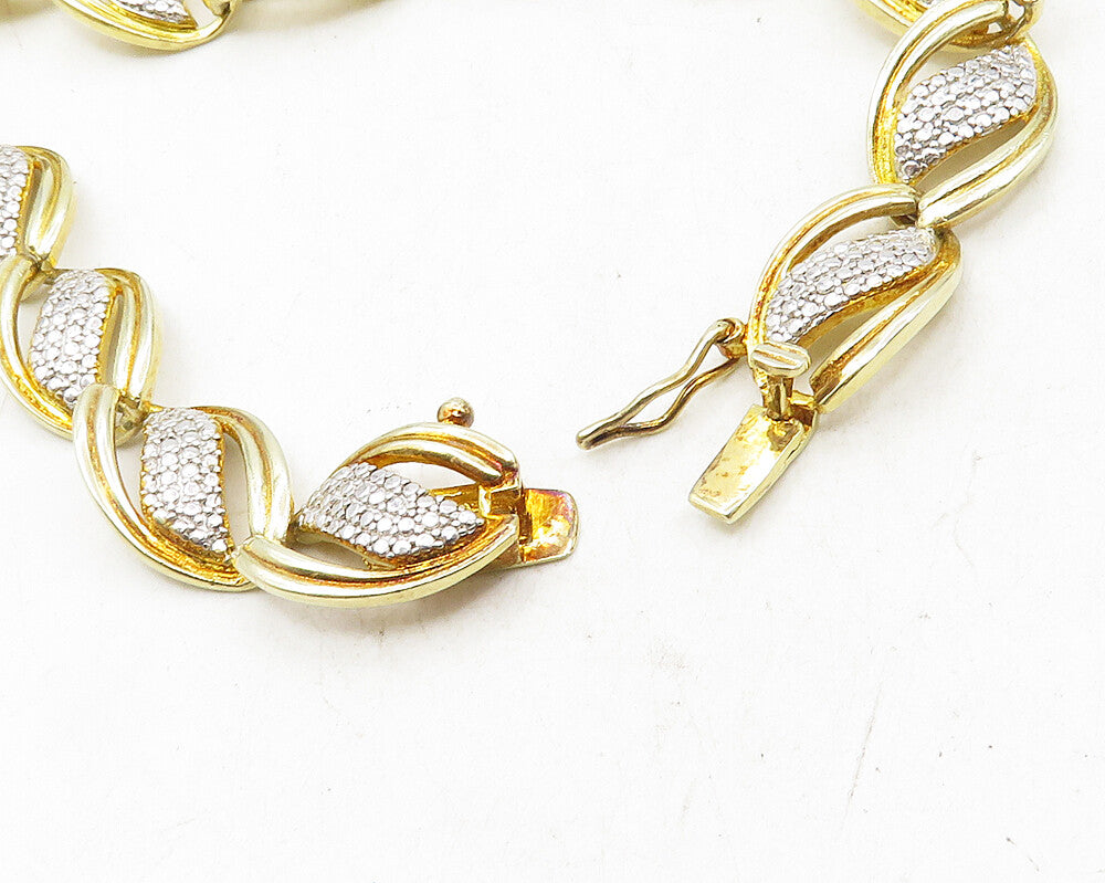 925 Sterling Silver  Genuine Diamonds Shiny Two Tone Chain Bracelet  BT4404