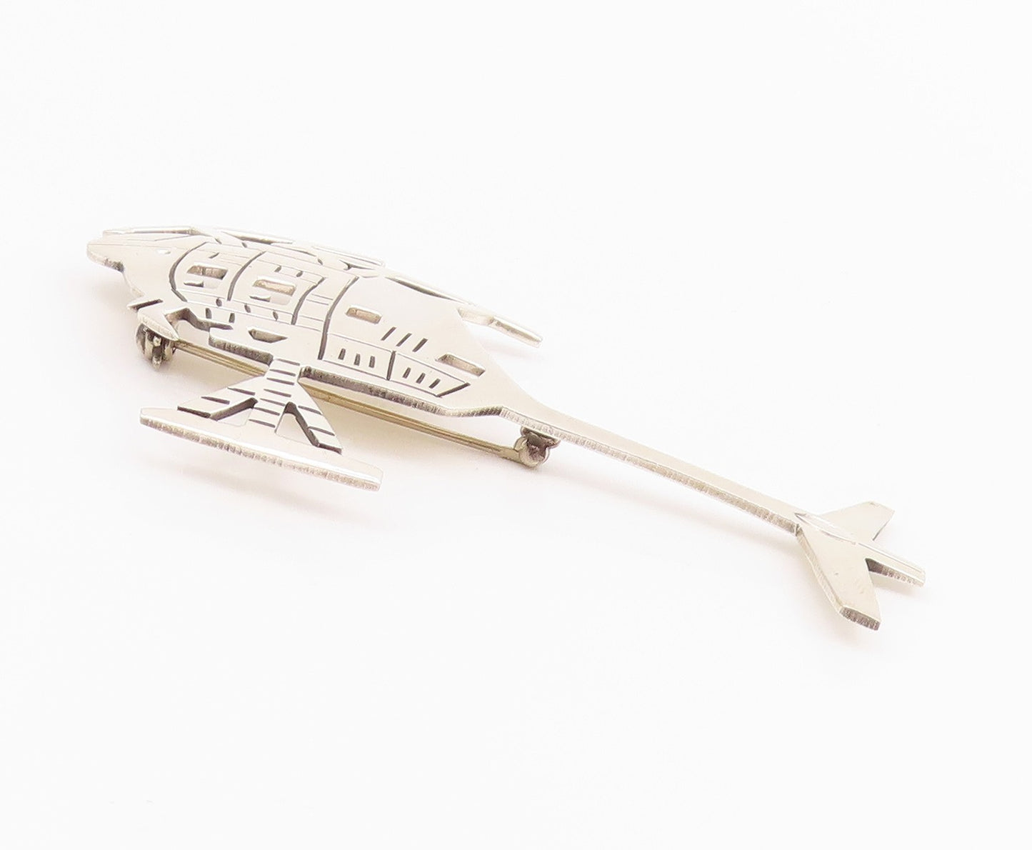 925 Sterling Silver Vintage Brooch MEXICO Etched Helicopter Design Cut  BP11666