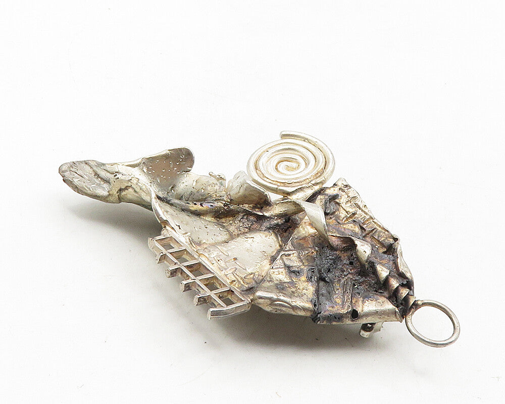 925 Sterling Silver  Vintage Dark Tone Sculpted Abstract Brooch Pin  BP4048