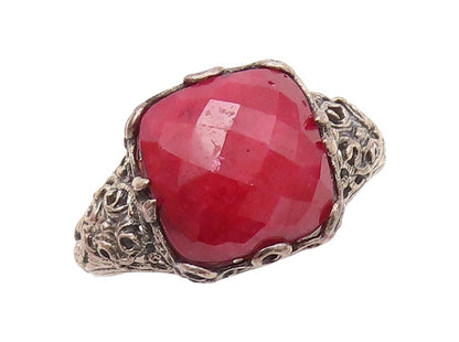 925 Sterling Silver Vintage Ring Red Gemstone Designer Cutout  Sz 8.5  RG30673