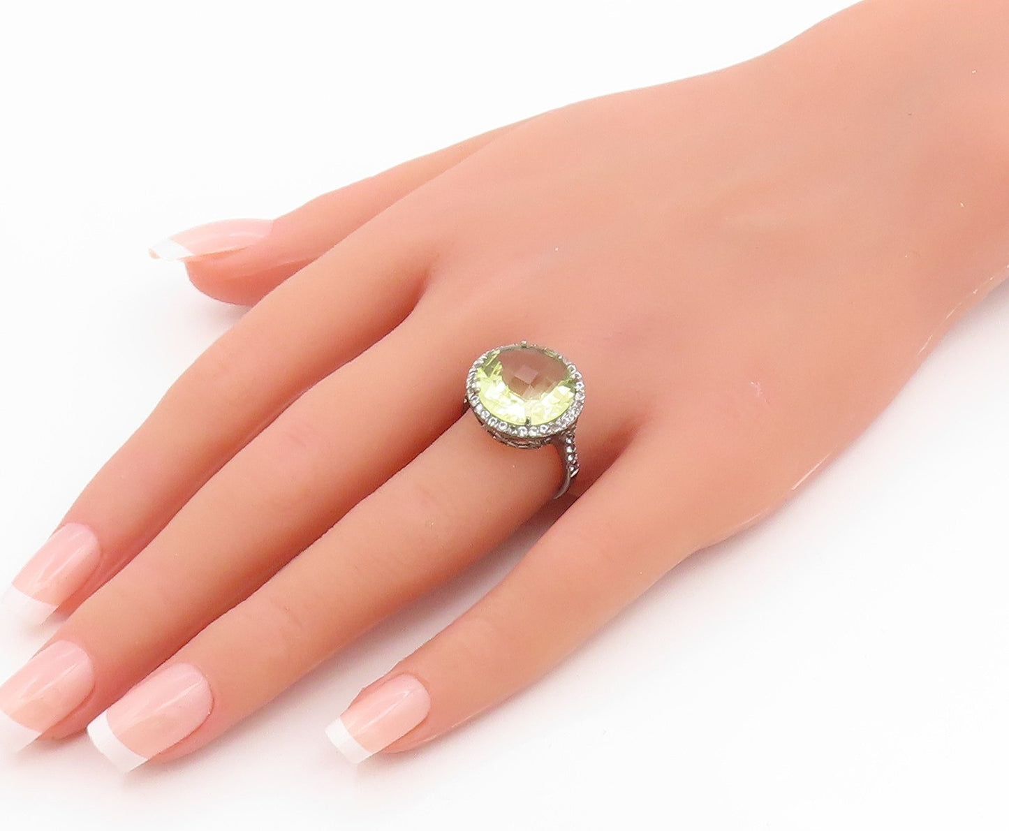 925 Sterling Silver Vintage Ring Faceted Quartz Halo CZ Band  Sz 7.5  RG35738