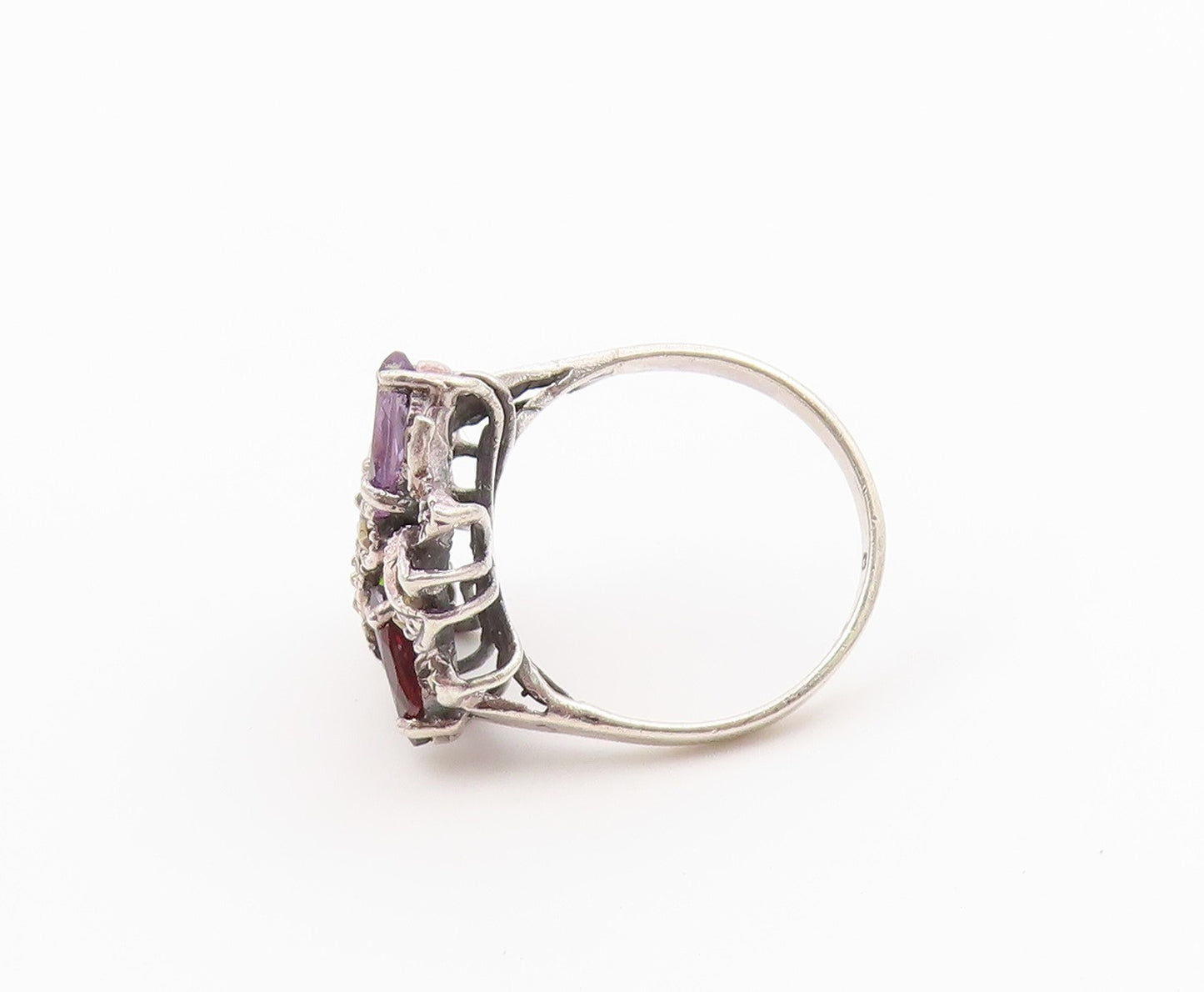 925 Sterling Silver Vintage Ring Multi Gemstone Floral Cluster Band Sz 8 RG36483