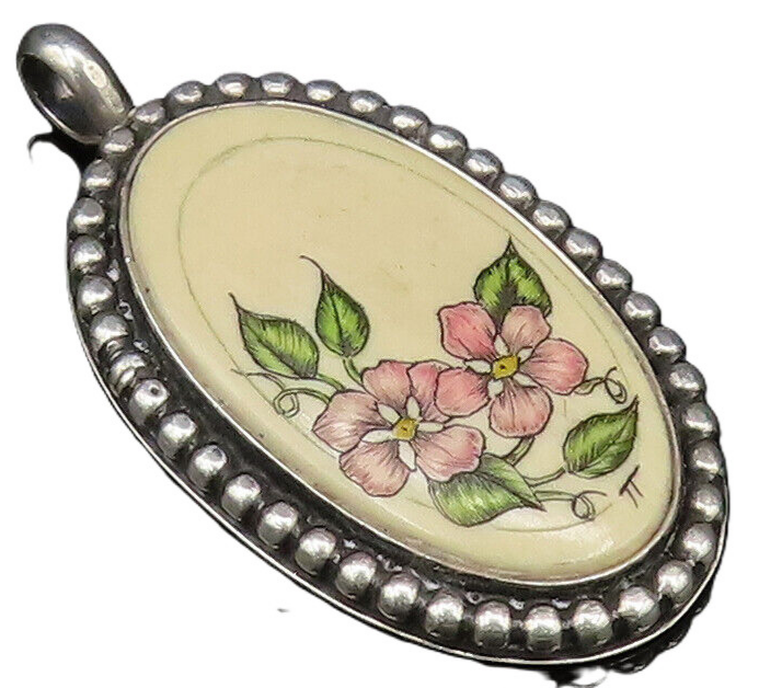 NAVAJO 925 Silver  Vintage Beaded Edge Floral Enamel Art Drop Pendant  PT21527