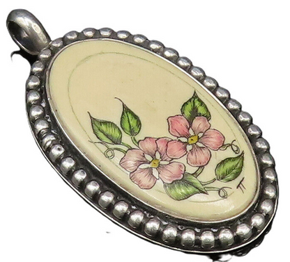 NAVAJO 925 Silver  Vintage Beaded Edge Floral Enamel Art Drop Pendant  PT21527