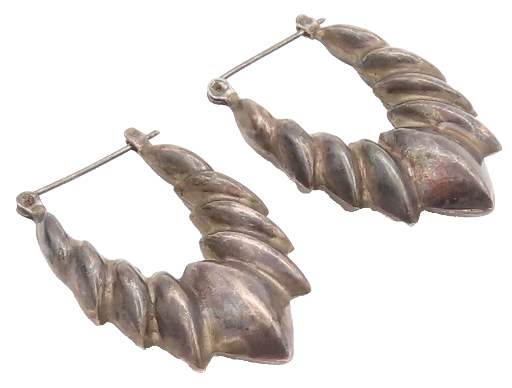 925 Sterling Silver Vintage Earrings Puffed Shrimp Effect Carved Hoops  EG12856