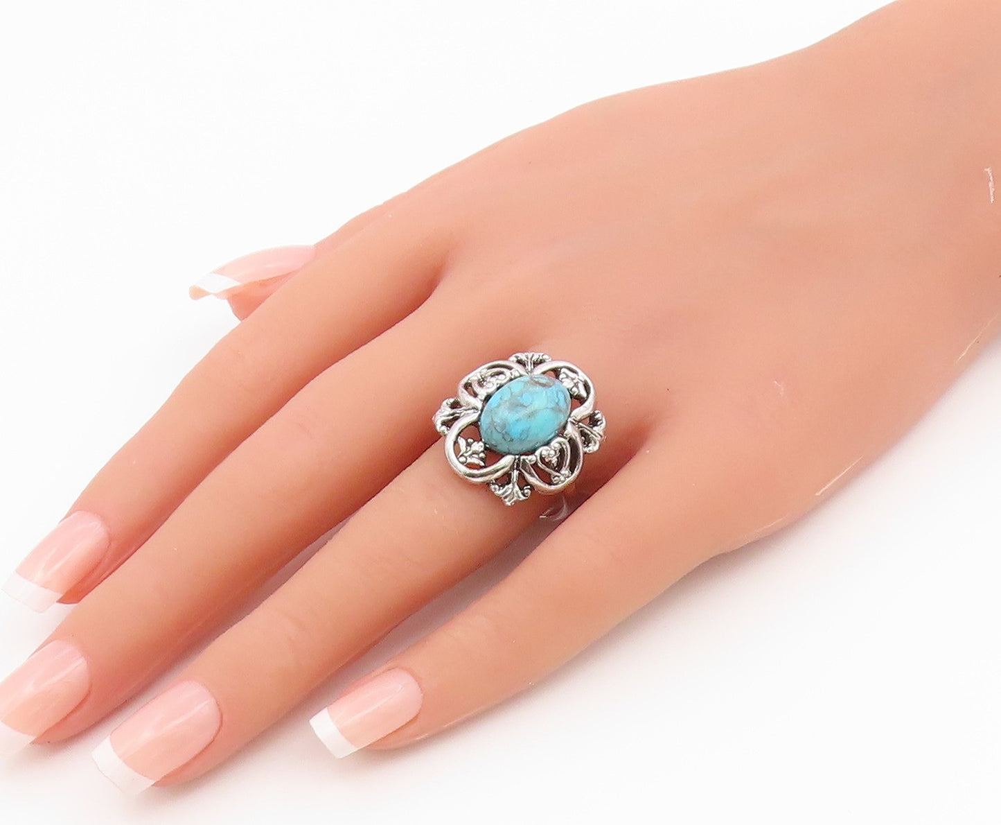 925 Sterling Silver Vintage Ring SARAH COVENTRY Turquoise Flower  Sz 10  RG36801