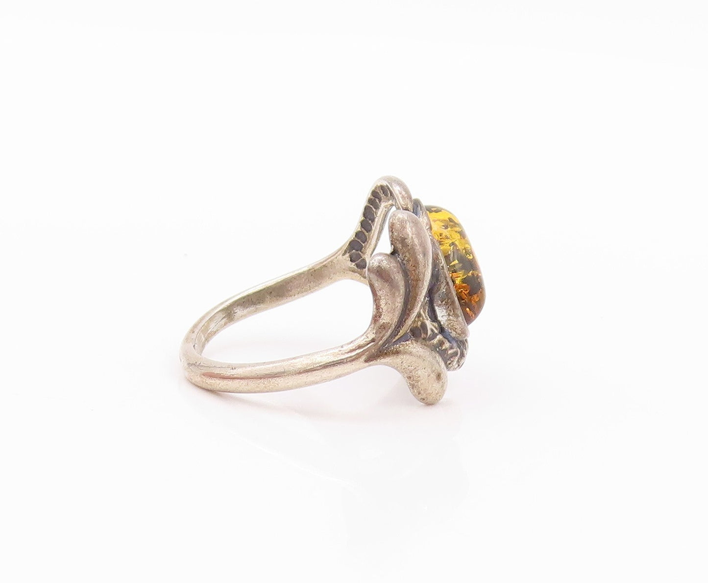 925 Sterling Silver Vintage Ring Cabochon Honey Amber Floral  SZ 6.5  RG32240