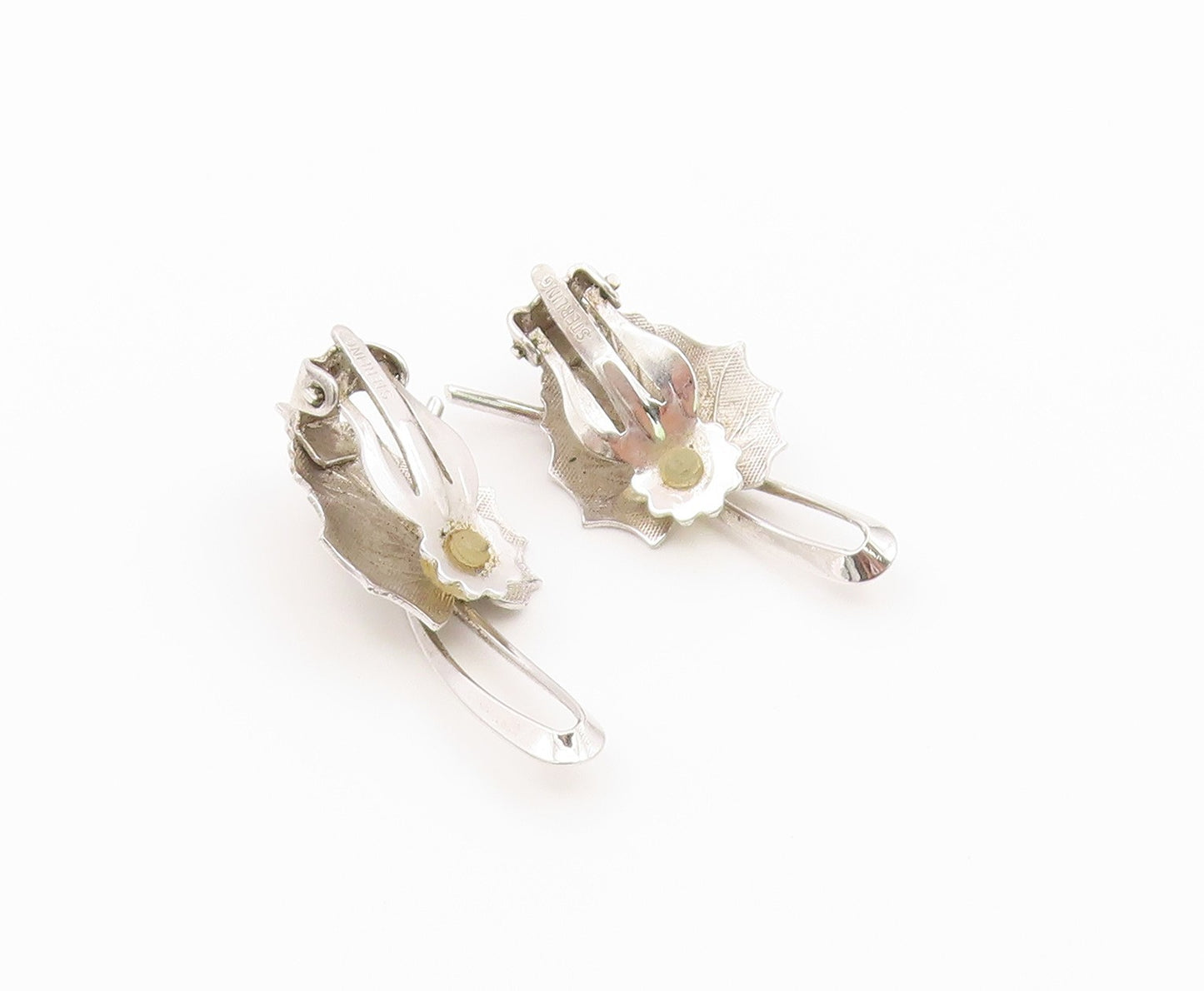 925 Sterling Silver Vintage Earrings Modernist Textured Leaf Clip On  EG14475