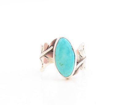 925 Sterling Silver Vintage Ring Cutout Leaf Band Oval Turquoise  Sz 8.5 RG31633