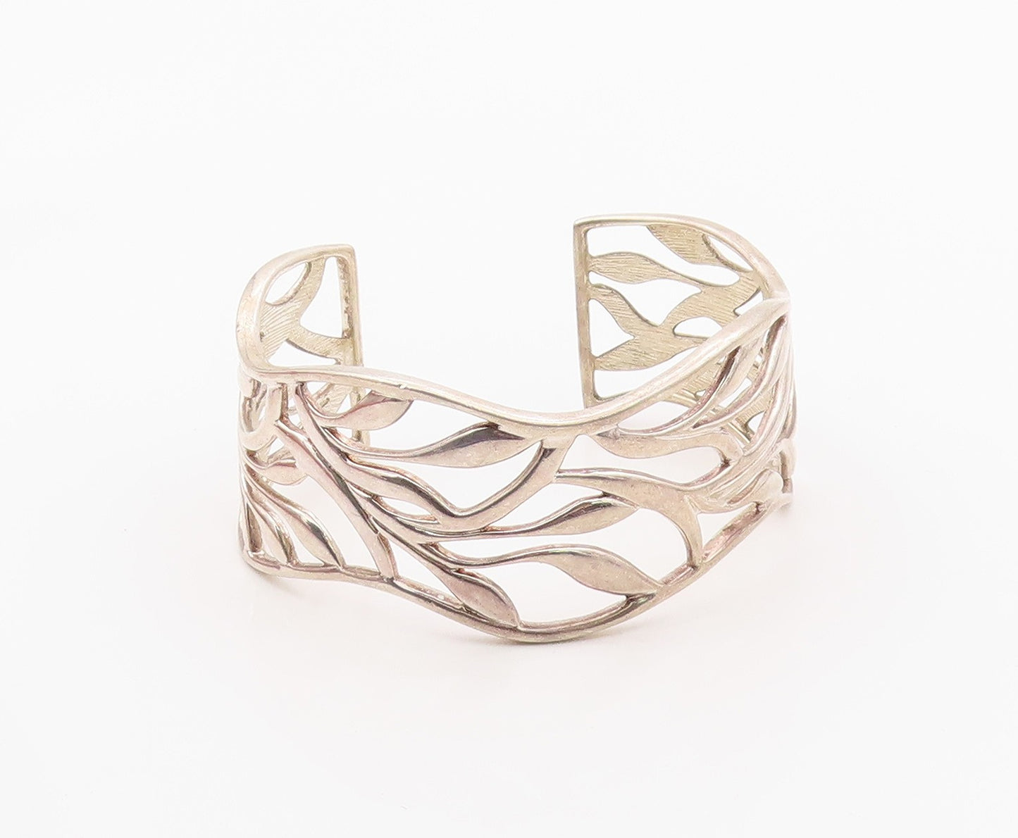 925 Sterling Silver Vintage Bracelet Modernist Wavy Leaf Cutout Cuff  BT12133