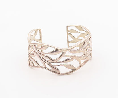 925 Sterling Silver Vintage Bracelet Modernist Wavy Leaf Cutout Cuff  BT12133
