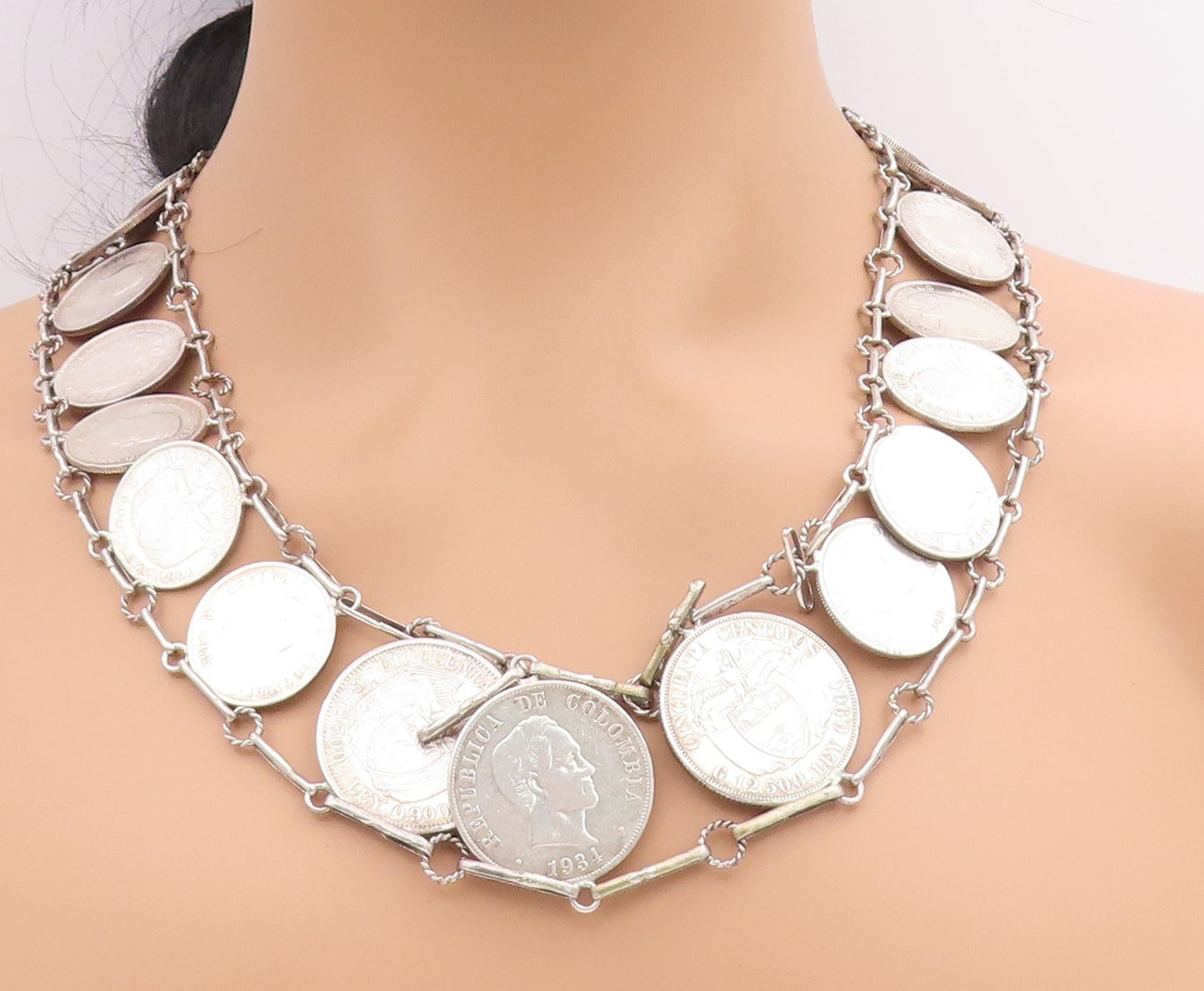Solid Silver Vintage Necklace Columbia Centavos Long Coin Panel Link  NE4727