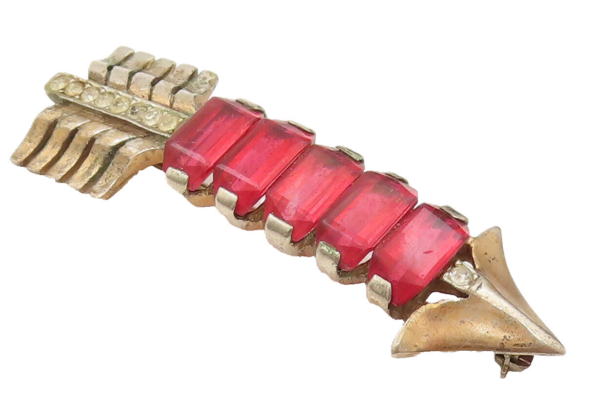 925 Sterling Silver Vintage Antique Red & White Topaz Arrow Brooch Pin BP10265
