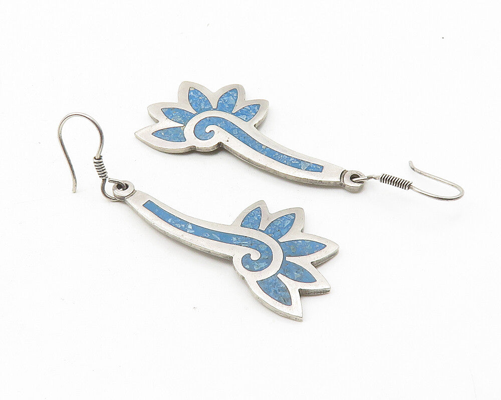 MEXICO 925 Sterling Silver  Vintage Crushed Turquoise Dangle Earrings  EG5638