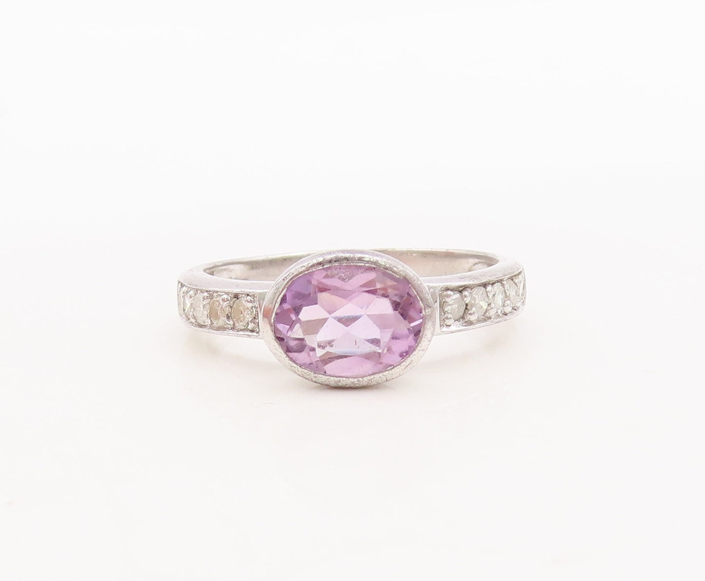 925 Sterling Silver Vintage Ring Oval Gemstones & Real Diamonds  Sz 7  RG29447