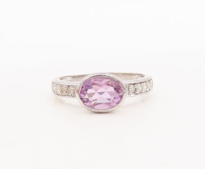925 Sterling Silver Vintage Ring Oval Gemstones & Real Diamonds  Sz 7  RG29447