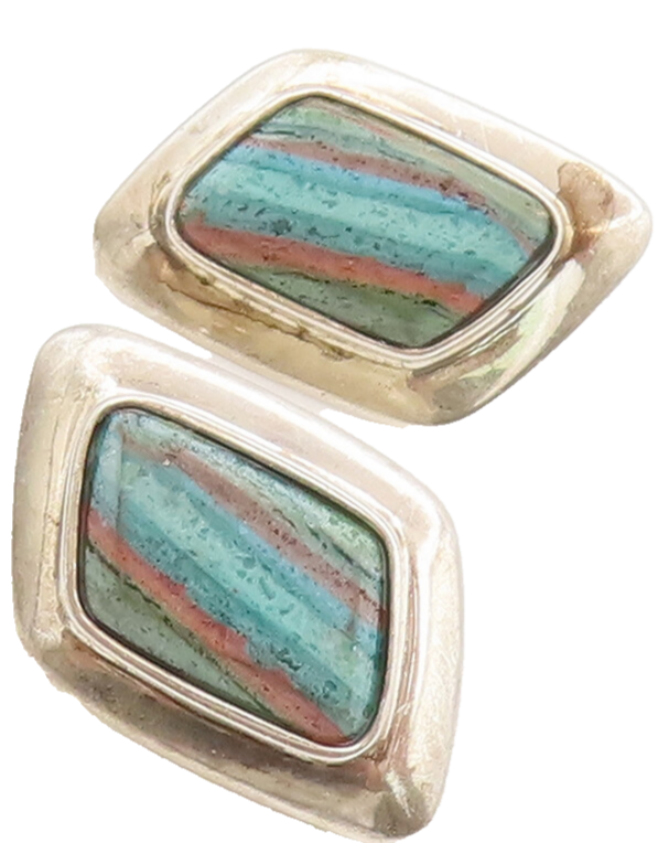 DTR KAY KING 925 Silver  Vintage Modernist Rainbow Calsilica Earrings  EG12708