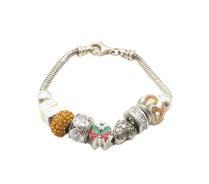 925 Silver  Cubic Zirconia & Citrine Beaded Charms Chain Bracelet  BT6581