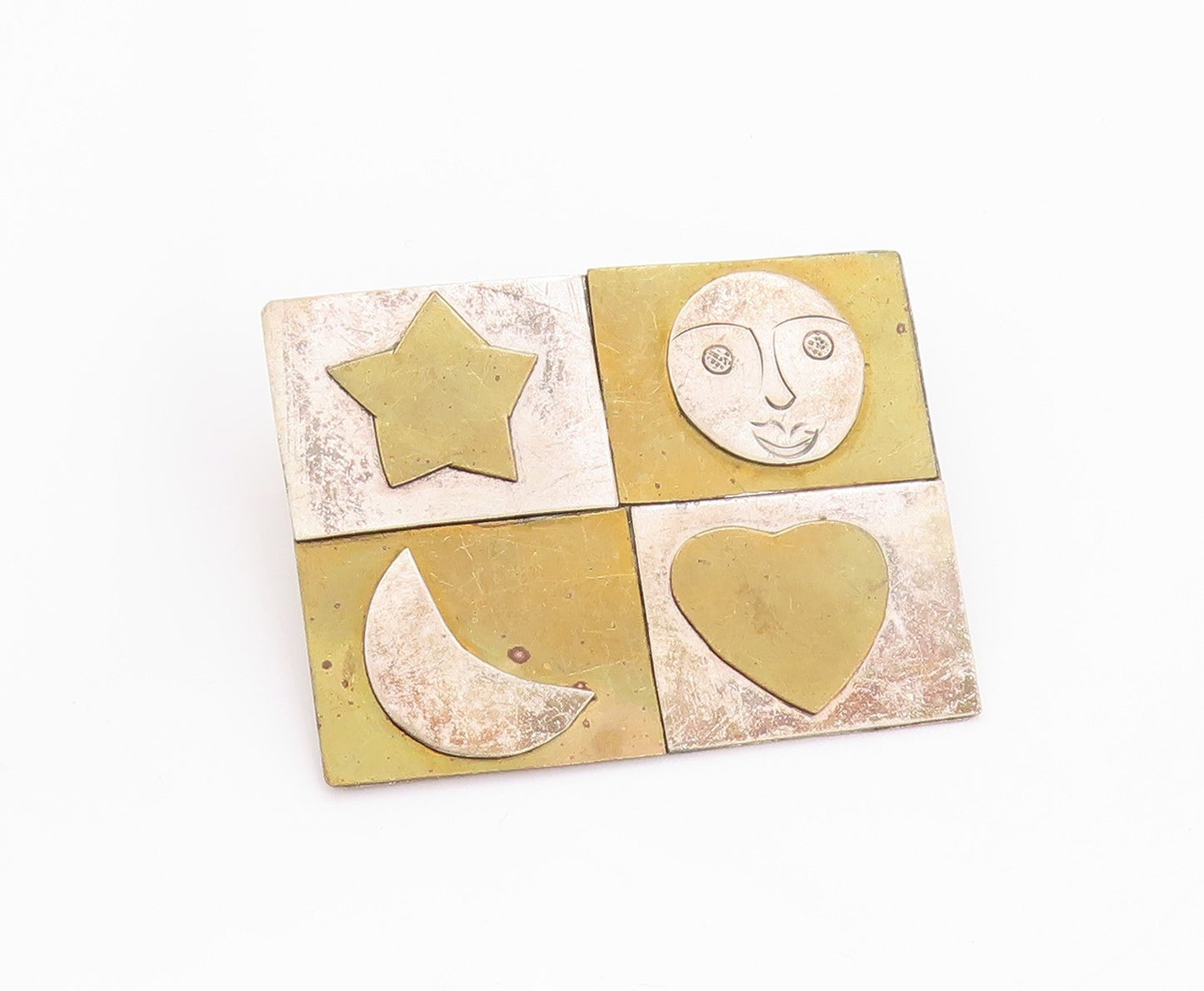 925 Sterling Silver Vintage Brooch Pin Gold Plated Heart Moon Stars  BP11591