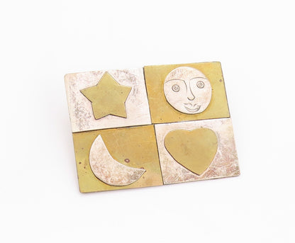 925 Sterling Silver Vintage Brooch Pin Gold Plated Heart Moon Stars  BP11591