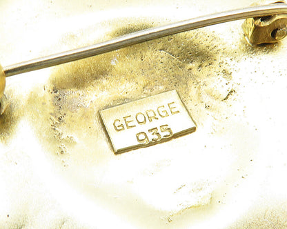 GEORGE 925 Silver  Vintage Face Profile Gold Plated Round Brooch Pin  BP7695