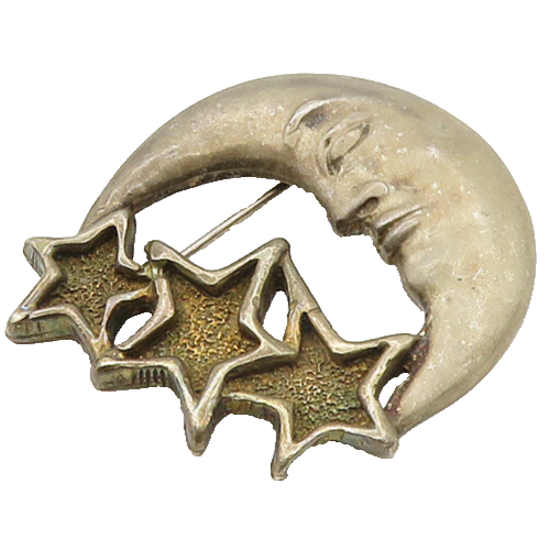 925 Sterling Silver  Vintage Crescent Moon Face & Stars Brooch Pin  BP7717