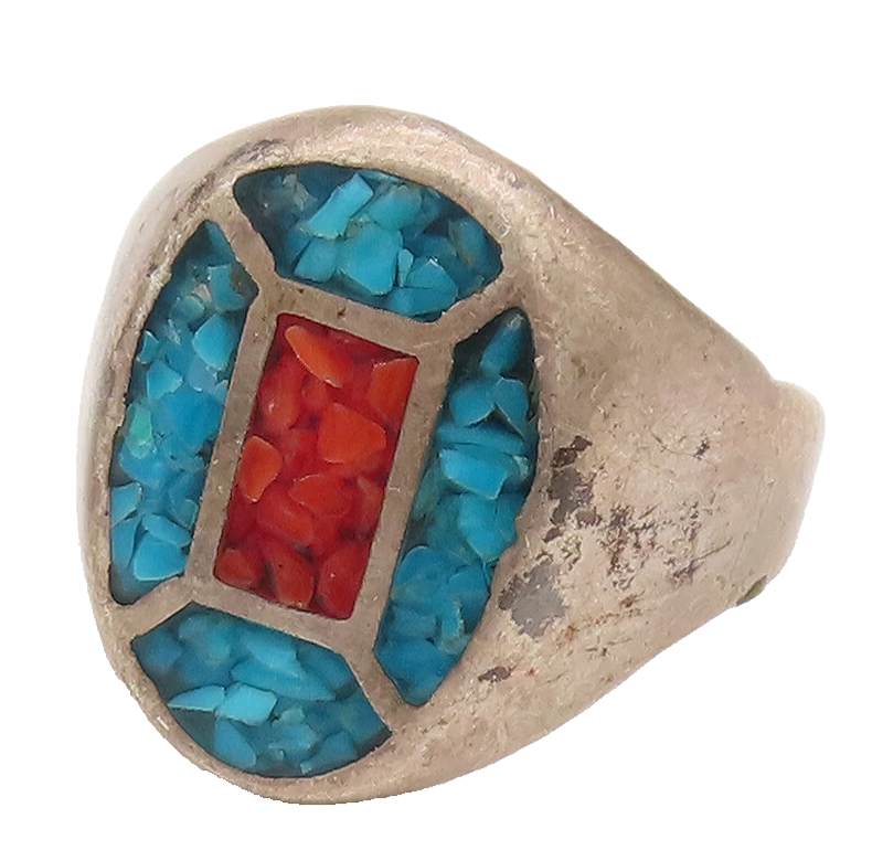 SOUTHWESTEN 925 Silver  Vintage Two Tone Crushed Turquoise Ring Sz 10  RG26557