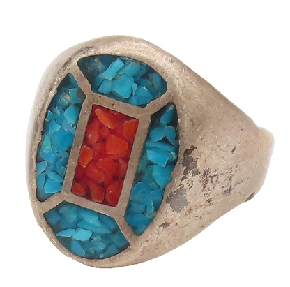 SOUTHWESTEN 925 Silver  Vintage Two Tone Crushed Turquoise Ring Sz 10  RG26557