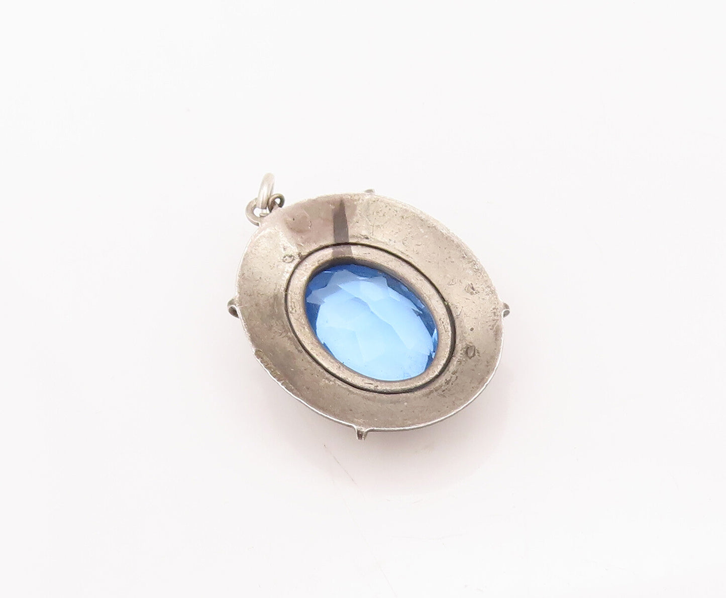 925 Sterling Silver Vintage Pendant Large Oval Cut Blue CZ Shield  PT23081