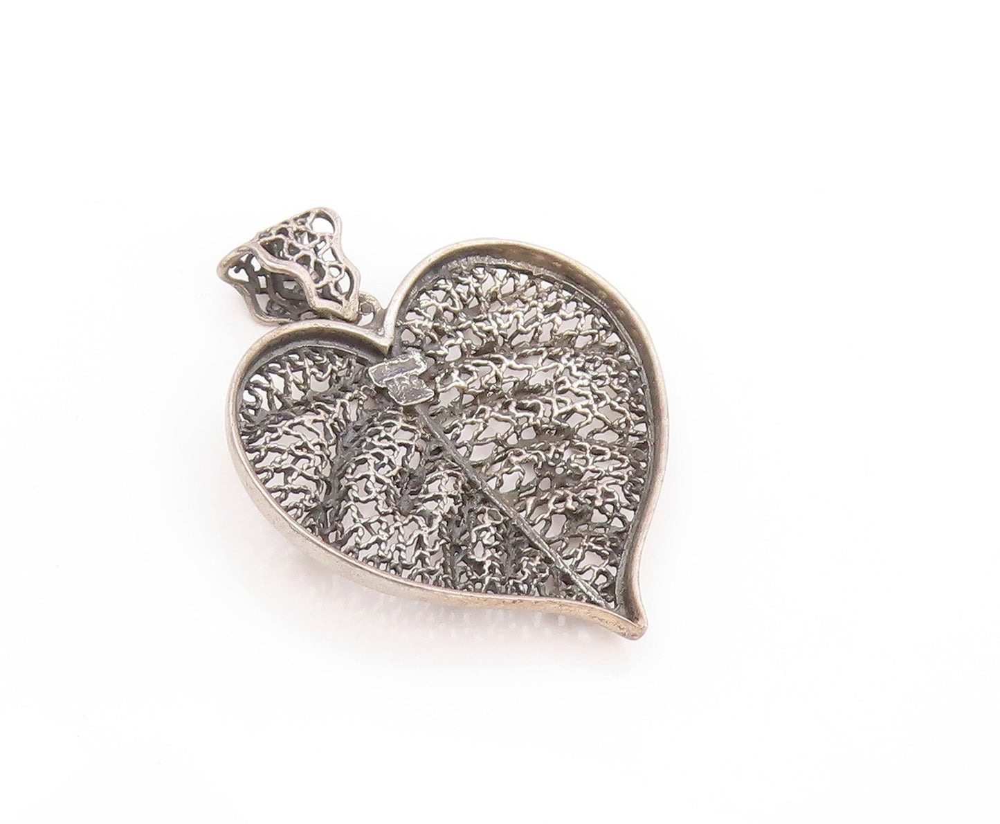 925 Sterling Silver Vintage Pendant Designer Dark Tone Cutout Leaf  PT23978