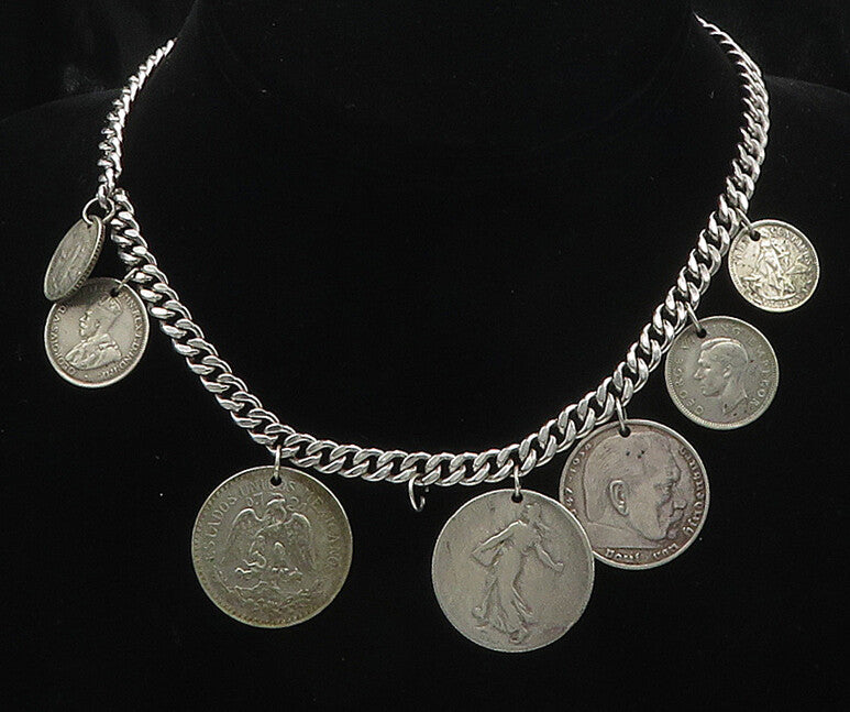 925 Sterling Silver  Vintage Different Countries Coins Chain Necklace  NE2943