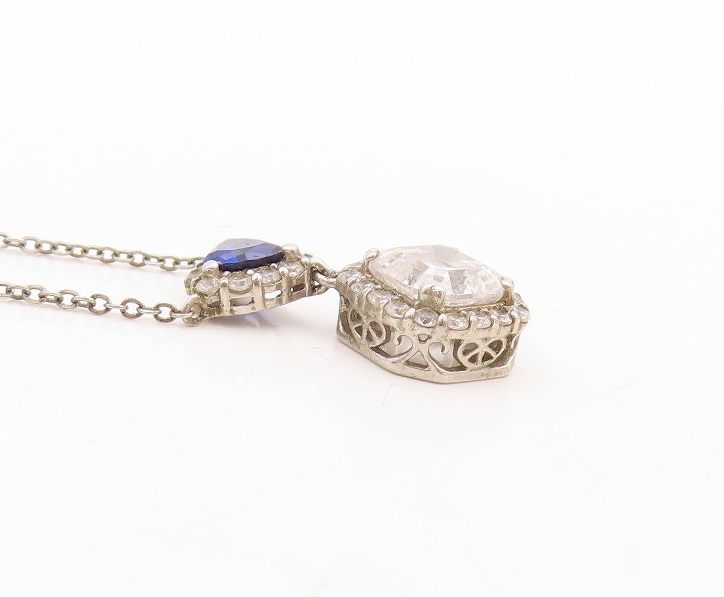 925 Sterling Silver Vintage Necklace Square Topaz & Triangle Sapphire  NE4378