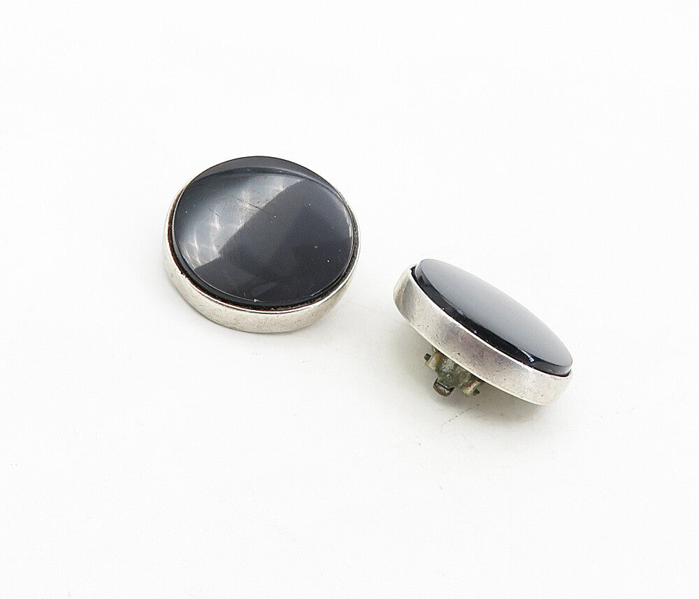 MEXICO 925 Silver  Vintage Black Onyx Non Pierce Button Drop Earrings  EG4589