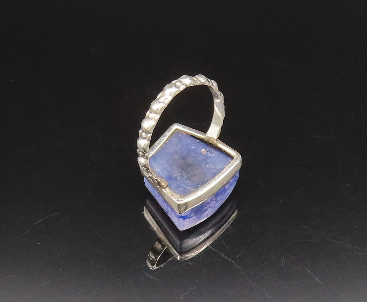 925 Silver  Vintage Cabochon Drusy Quartz & Pattern Band Ring Sz 8  RG26101