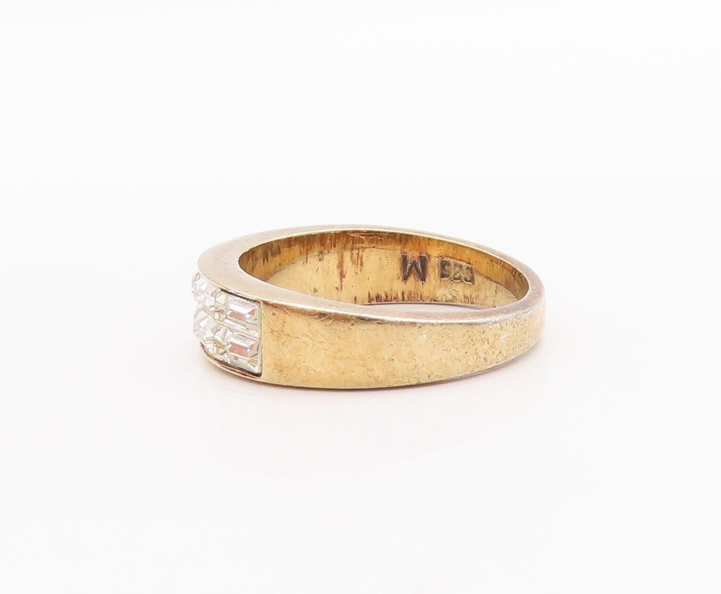 925 Sterling Silver Vintage Ring Rectangle Cut Double CZ Row Inlay Sz 7  RG28625