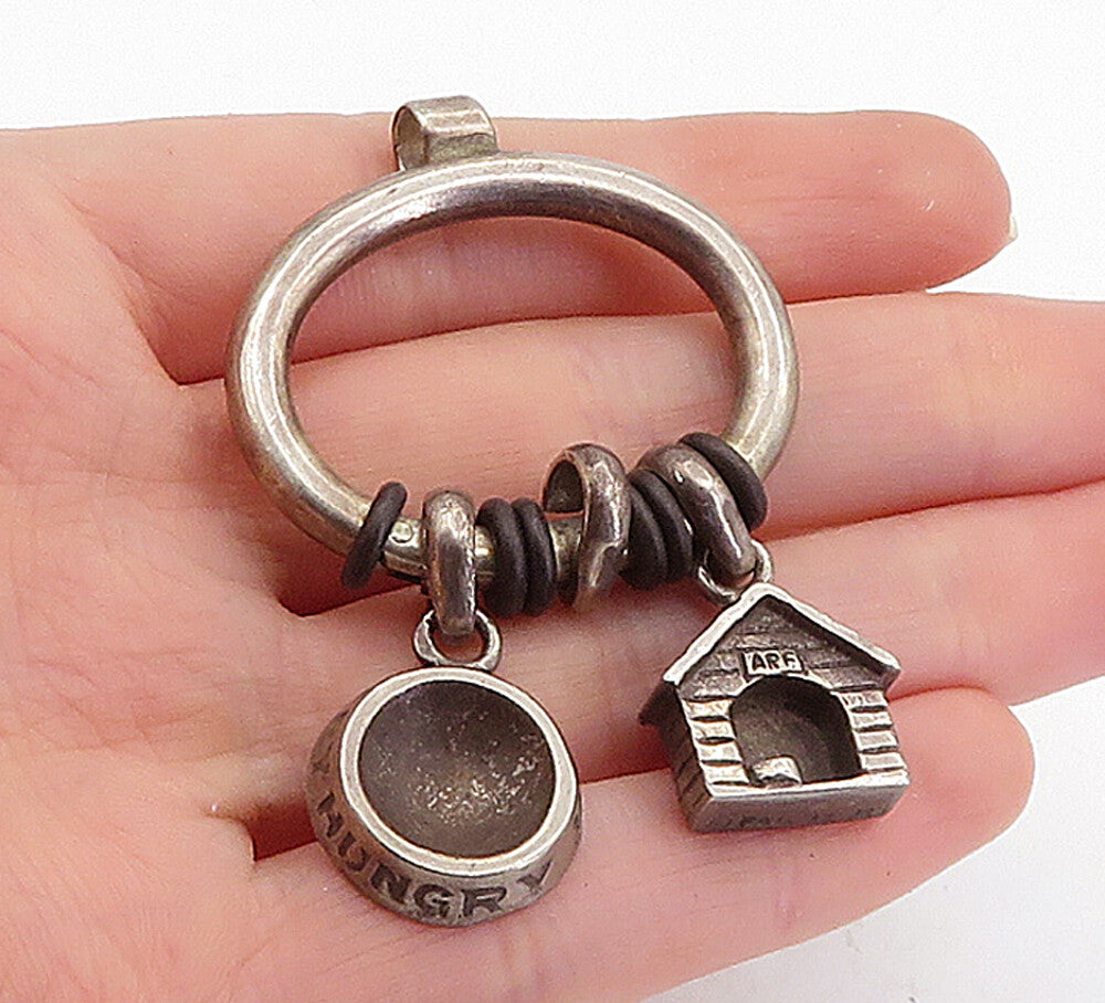 925 Sterling Silver  Vintage Dog House & Bowl Charmed Slide Pendant  PT4054