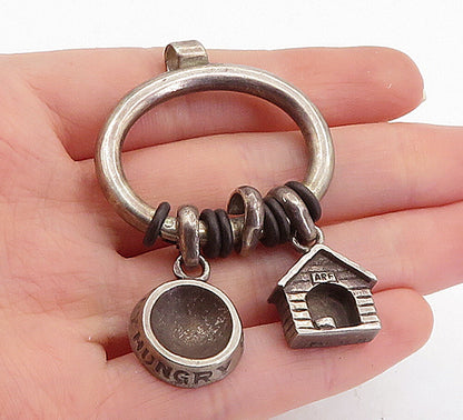 925 Sterling Silver  Vintage Dog House & Bowl Charmed Slide Pendant  PT4054